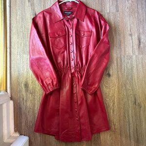 Retrofete Red Leather Mini Shirt Dress - Size Medium